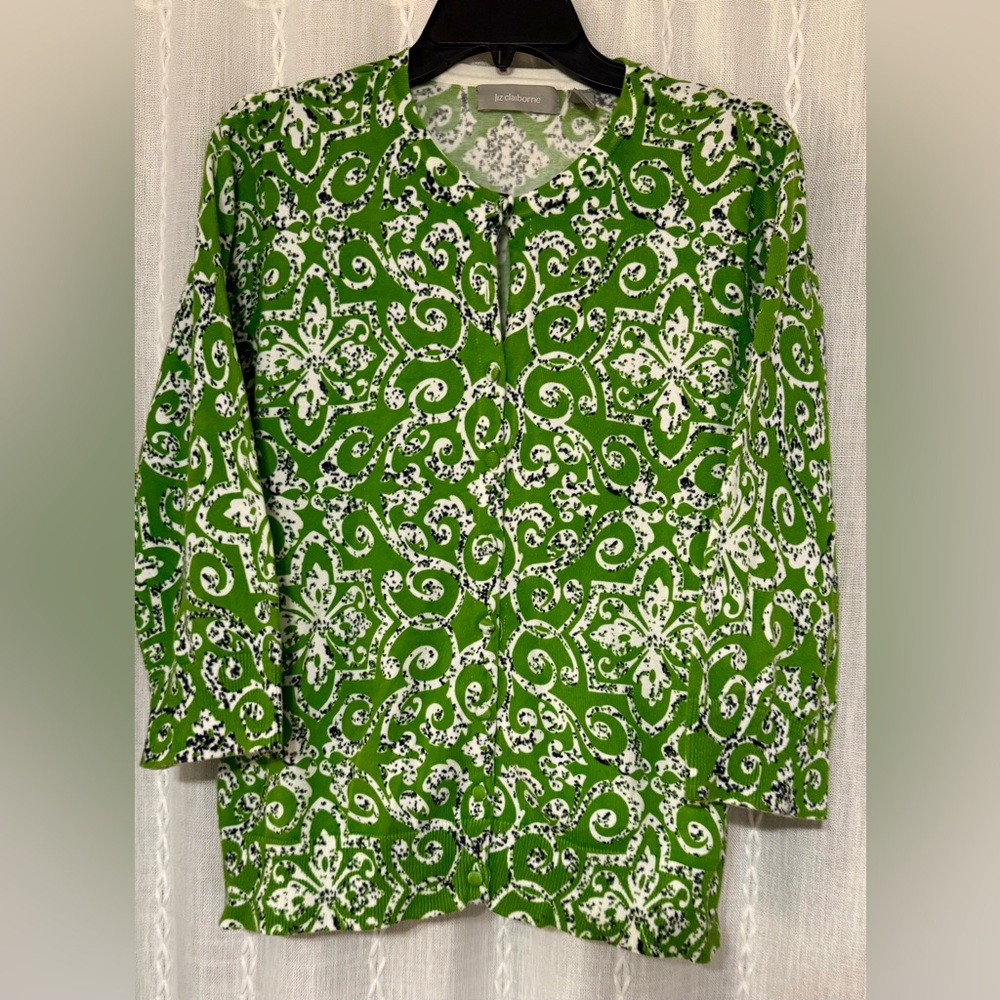 Liz Claiborne green, white, and black patterned cardigan. Sz.XL